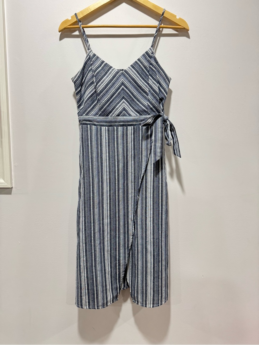 Hem & Thread Navy White Striped Tie Waist Lightweight Boho Faux Wrap Dress